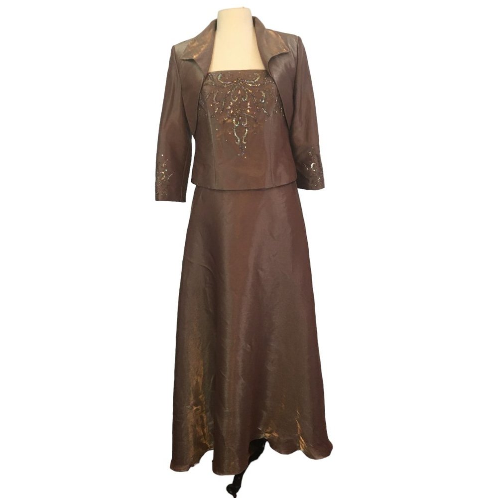 Ignite Evenings by Carol Lin Iridescent Brown Maxi Formal Dress‎ Bolero Jacket 8